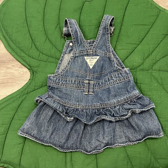 OshKosh B'Gosh 12M Denim Ruffle Floral Embroidered Jean Overall Dress - Picture 4 of 5